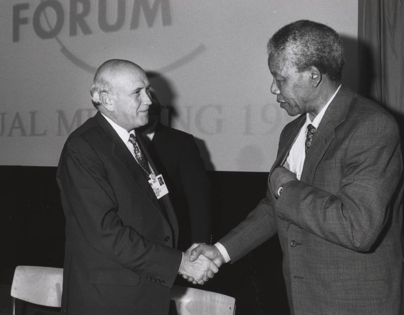 Frederik de Klerk with Nelson Mandela - World Economic Forum Annual Meeting Davos 1992.jpg